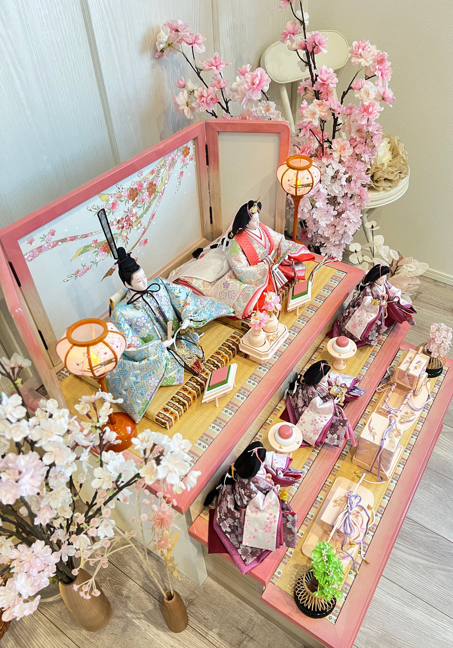 ピンク桃色で春を感じる雛人形収納式三段飾り お雛様 雛飾り【亜加莉雛
